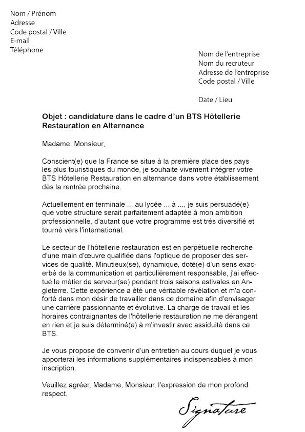 lettre motivation stage restauration