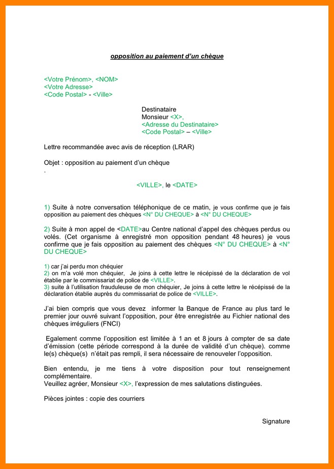 lettre opposition cheque perdu