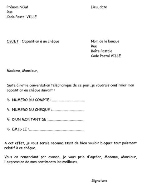 lettre opposition cheque perdu