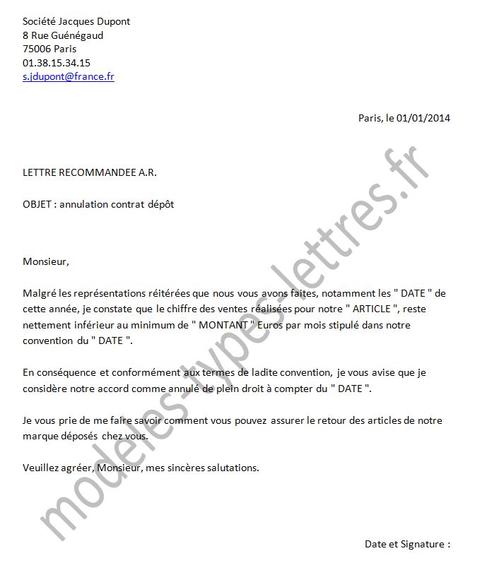 lettre pour annuler un contrat
