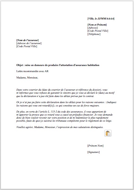 lettre pour assurance habitation