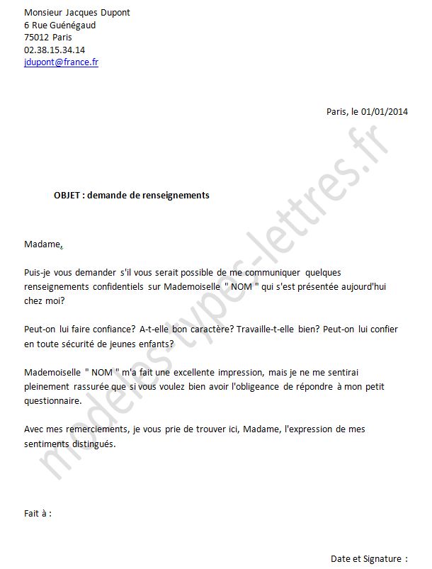 lettre pour demande d'emploi