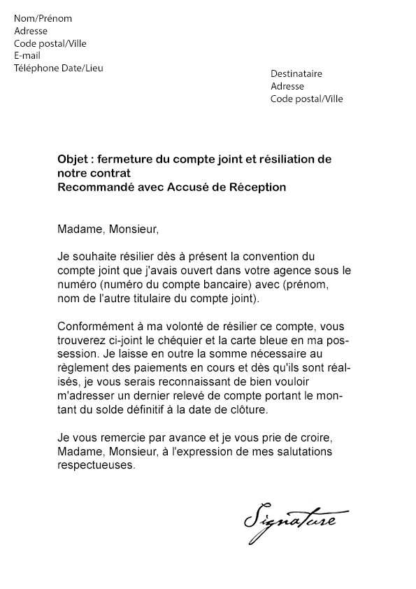 lettre pour fermer un compte