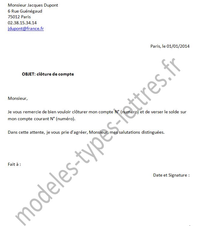 lettre pour fermeture de compte en banque