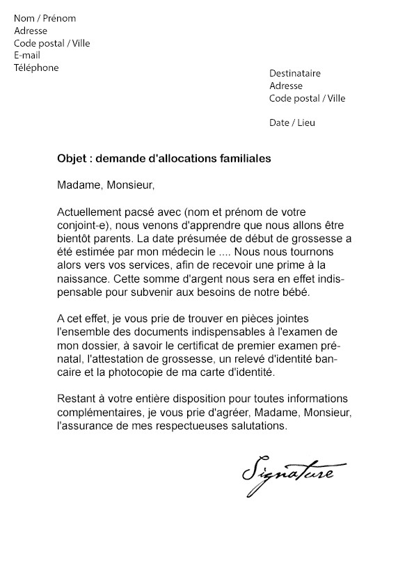 lettre pour la caf