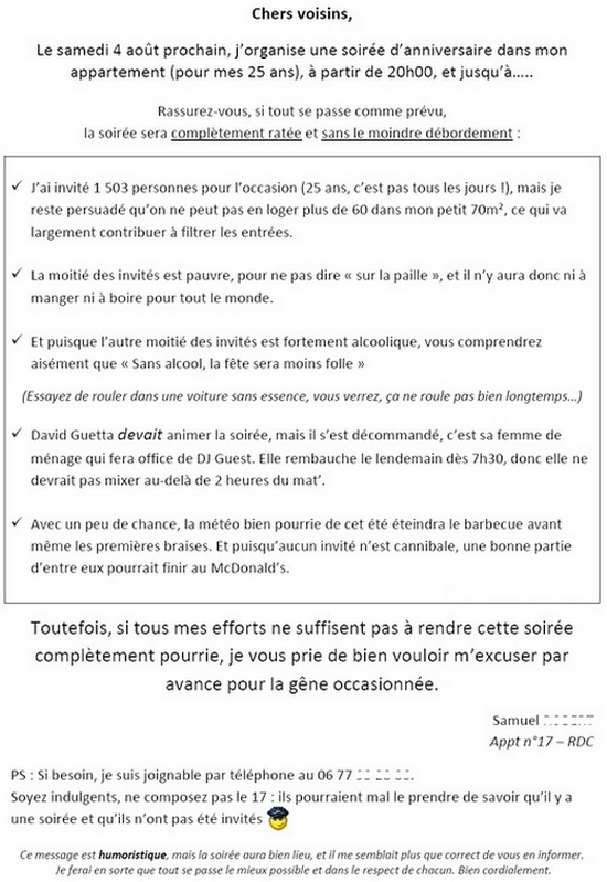 lettre pour prevenir d'une fete