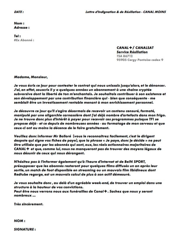 lettre pour resilier canal plus et canalsat