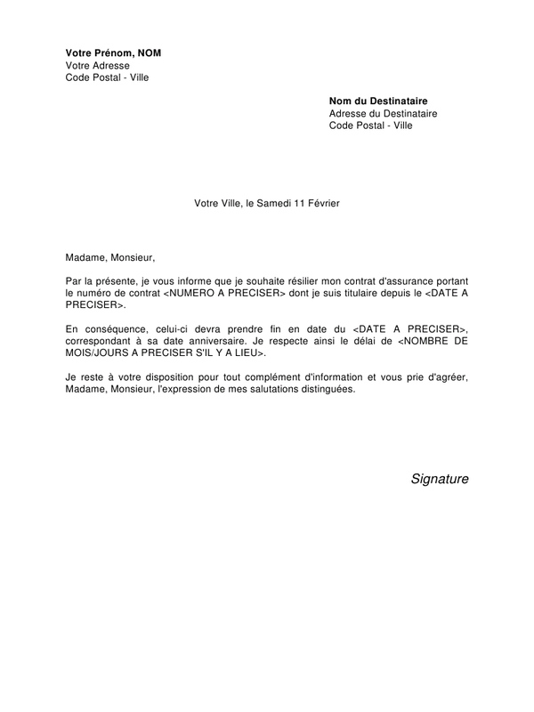 lettre pour resilier contrat assurance