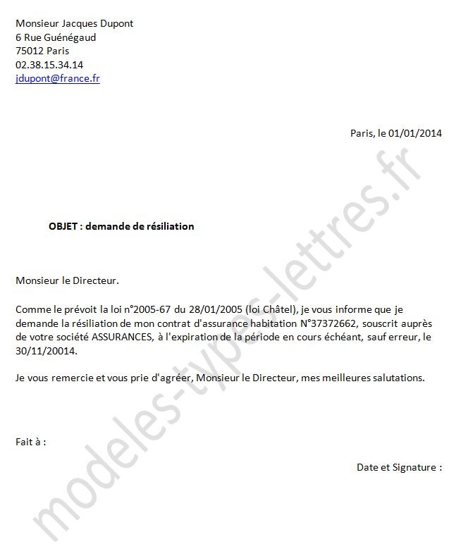 lettre pour resilier contrat assurance