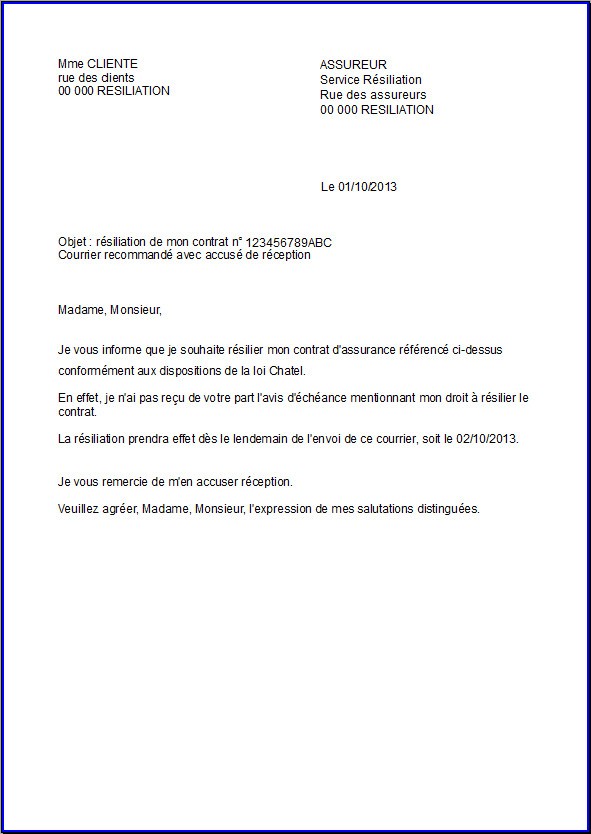 lettre pour resilier contrat assurance