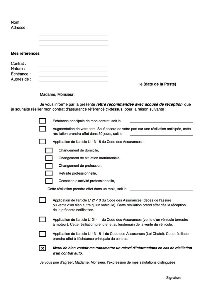lettre pour resilier contrat assurance