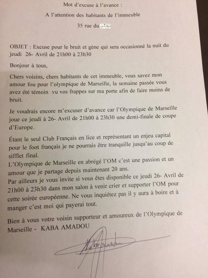 lettre pour s'excuser du bruit