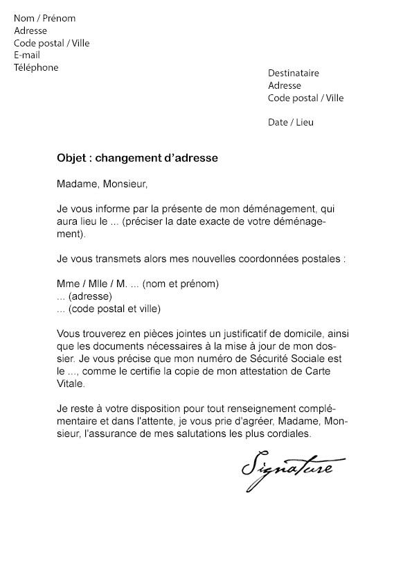 lettre pour un demenagement