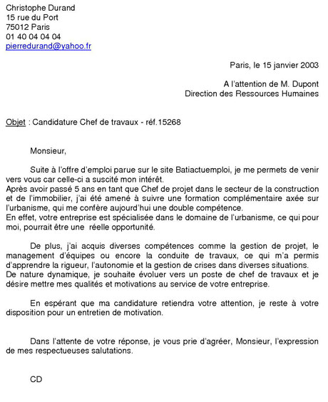 lettre pour un emploi
