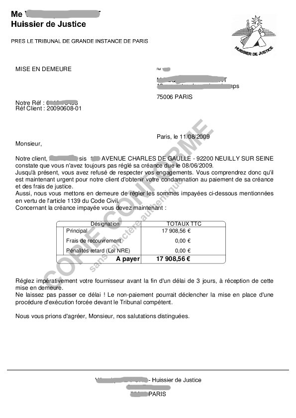 lettre pour un huissier