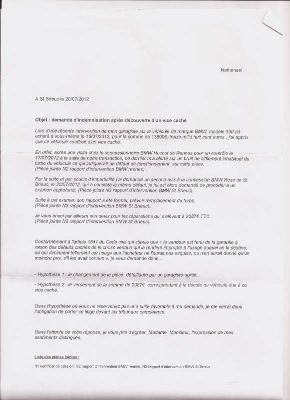 lettre pour vice cache