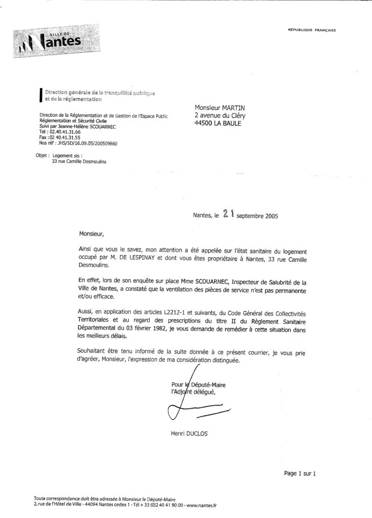 lettre pour vice cache
