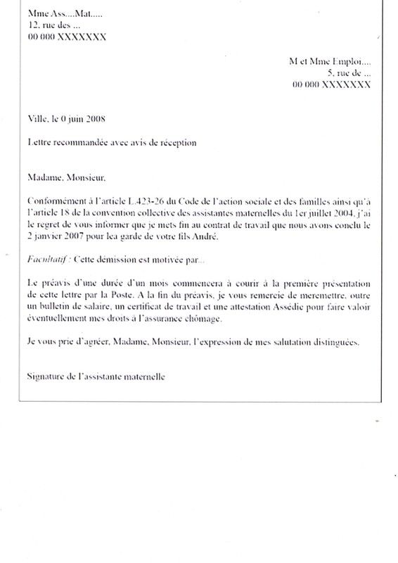 lettre preavis assistante maternelle