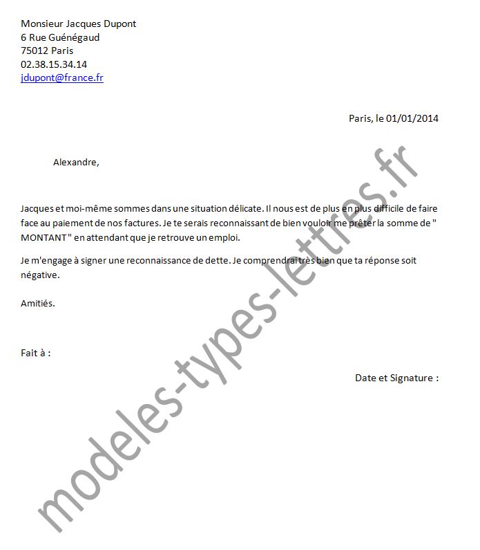 lettre pret d'argent entre particulier