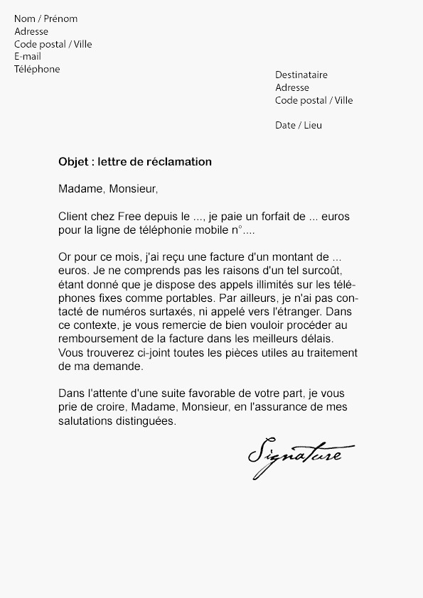 lettre reclamation paiement facture
