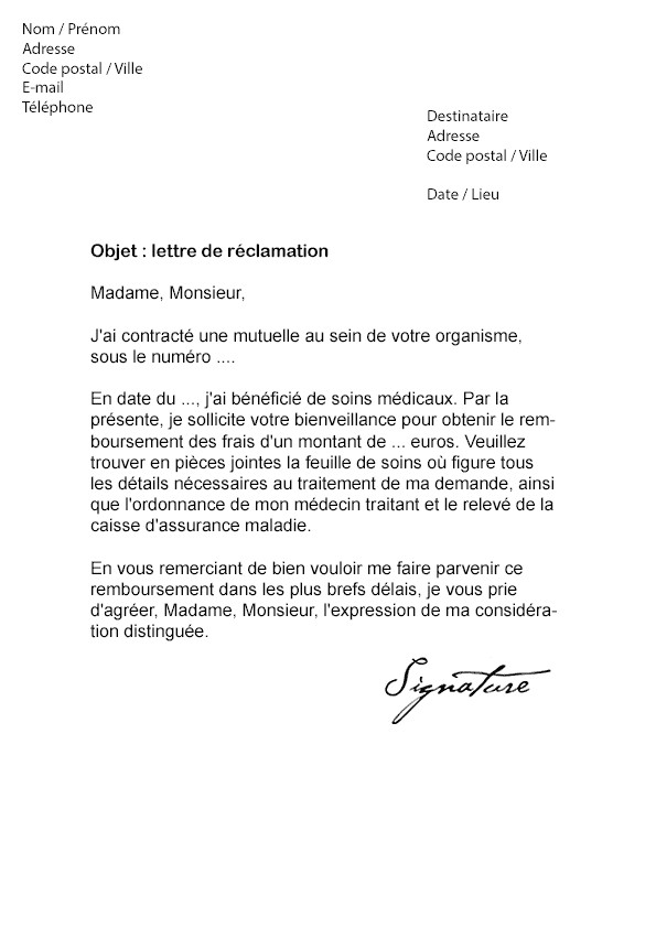 lettre reclamation remboursement mutuelle