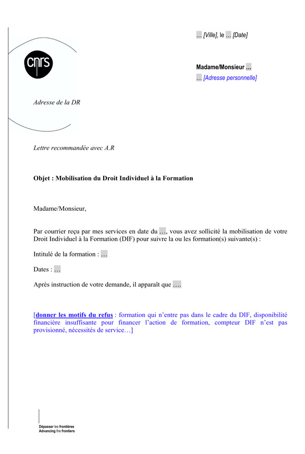 lettre refus candidature stage