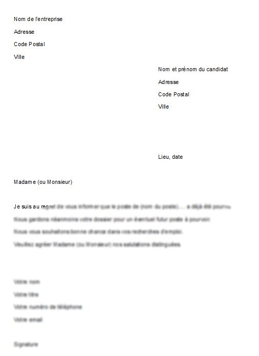 lettre rejet candidature
