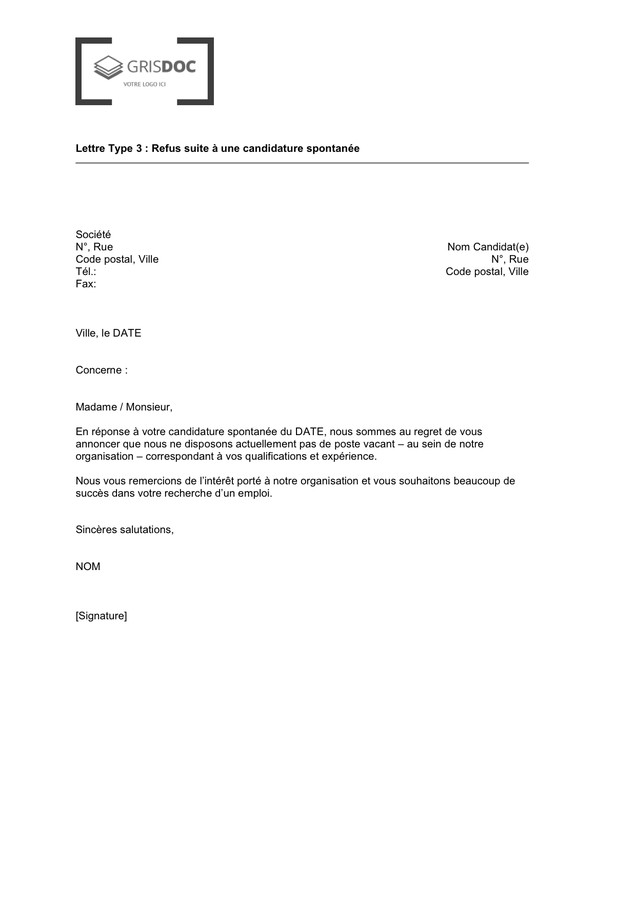 lettre rejet de candidature