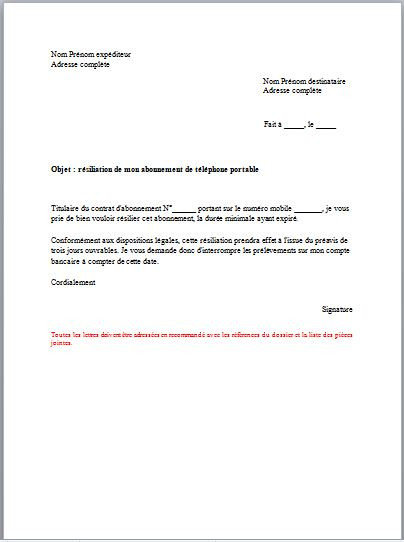 lettre resiliation abonnement telephone portable