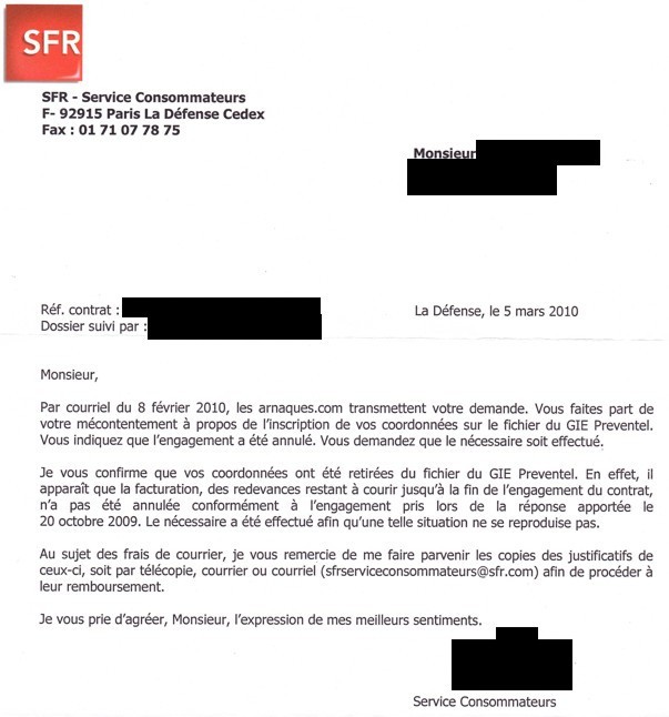 lettre resiliation adsl sfr