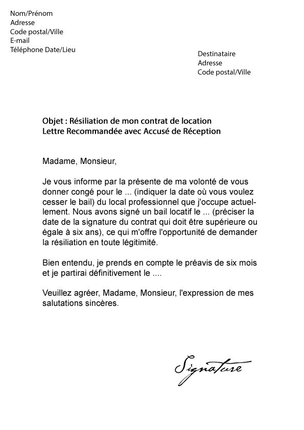 lettre resiliation appartement
