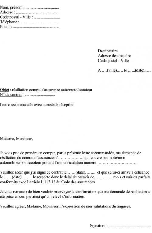lettre resiliation assurance moto
