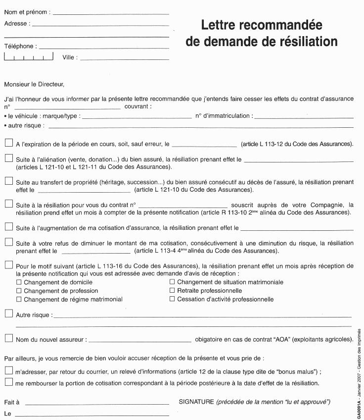 lettre resiliation assurance moto