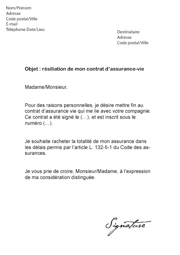 lettre resiliation assurance vie