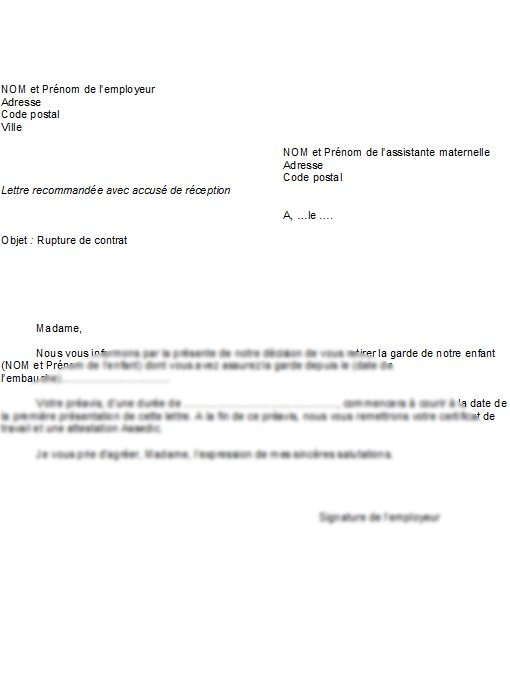 lettre resiliation contrat assistance maternelle