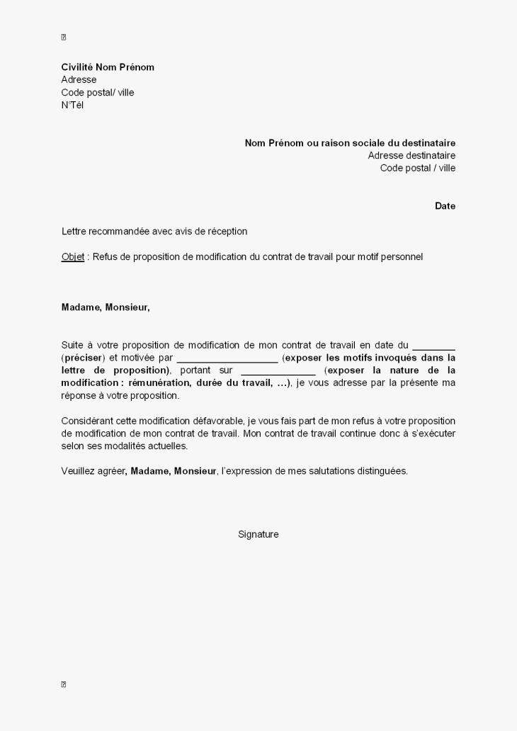lettre resiliation de contrat de travail