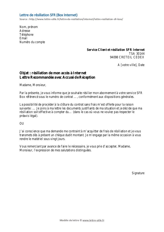 lettre resiliation internet gratuit