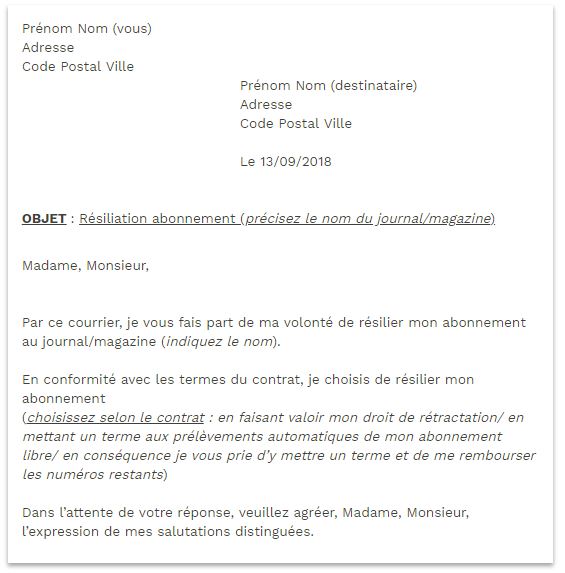 lettre resiliation journal