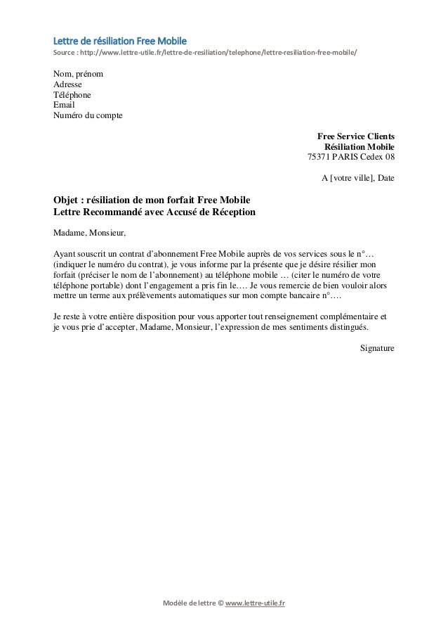 lettre resiliation mobile free