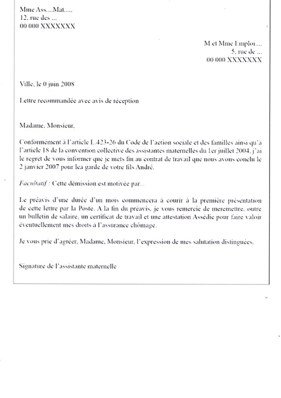 lettre rupture contrat assistance maternelle