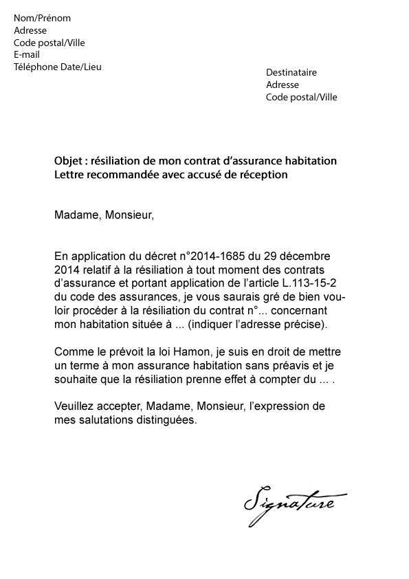 lettre rupture contrat assurance habitation