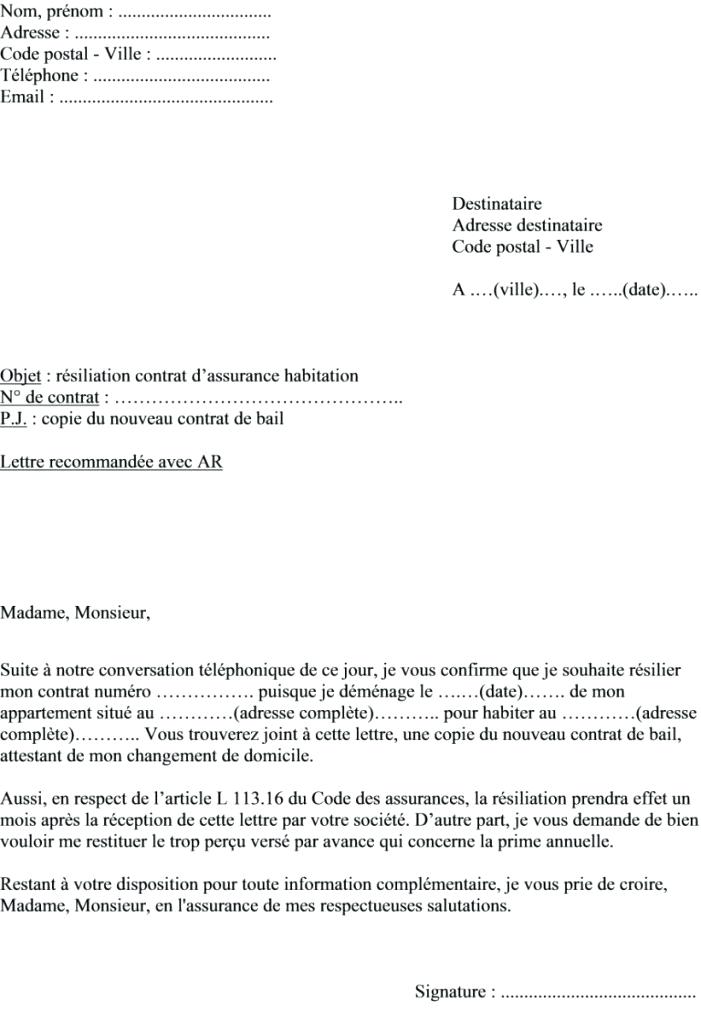 lettre rupture contrat assurance habitation