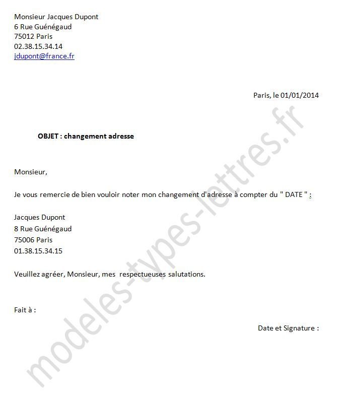 lettre type changement d'adresse impot
