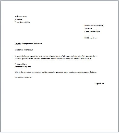 lettre type changement d'adresse postale