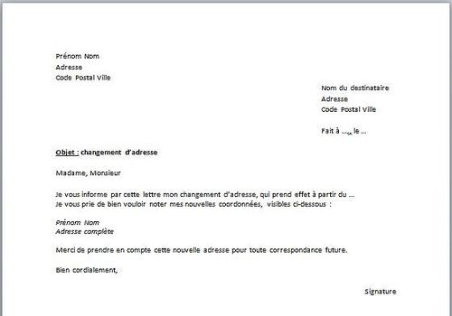 lettre type changement d'adresse