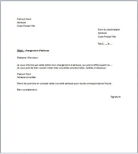 lettre type changement d'adresse