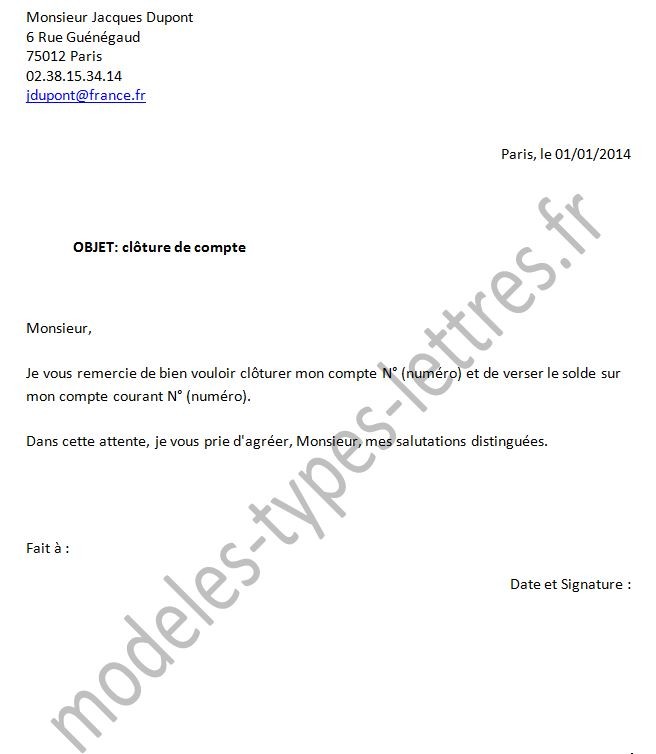 lettre type cloture de compte bancaire gratuit