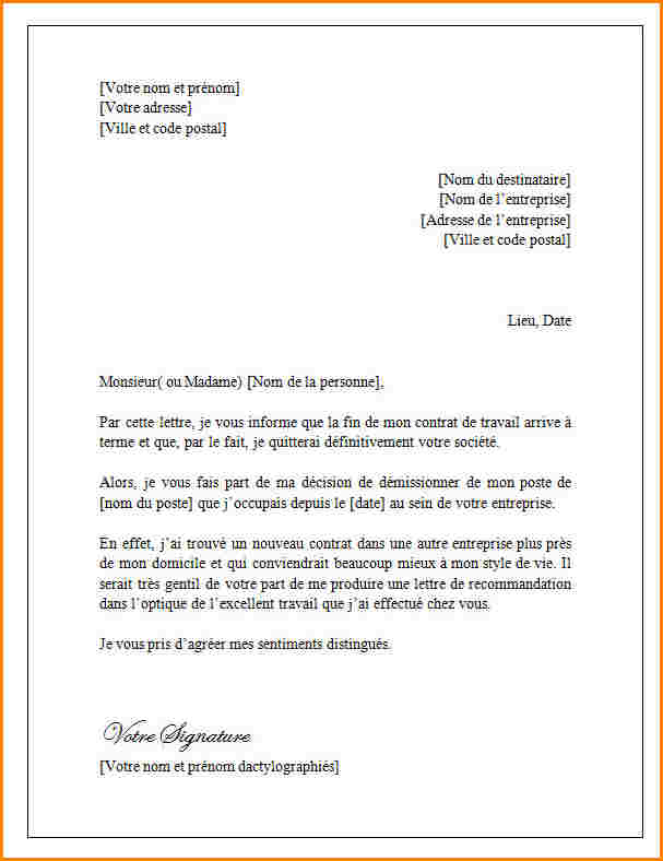lettre type contrat de travail