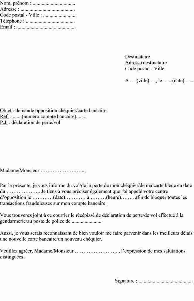 lettre type d'opposition carte bancaire