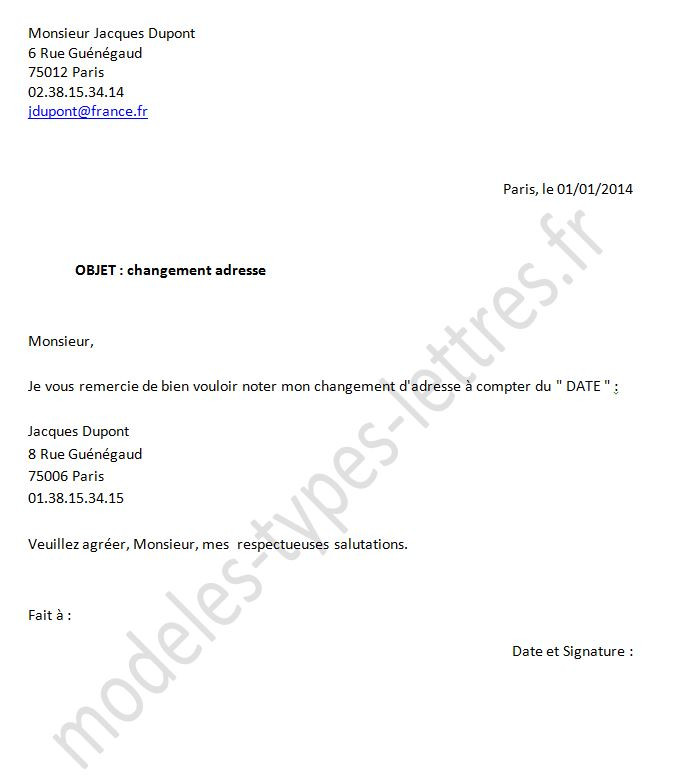 lettre type de changement d'adresse pour les impots